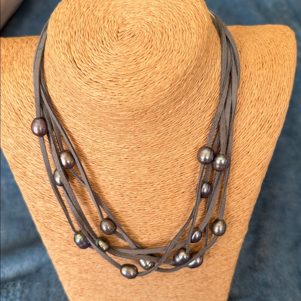 Multi-Strand grey leather Necklace with drilled Dark blue grey peacock Pearls